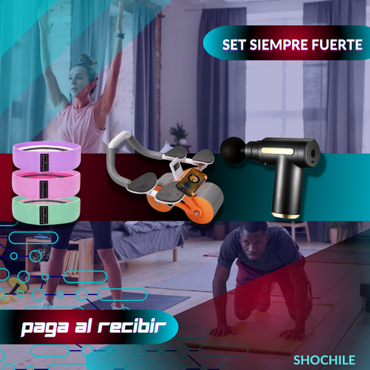 Set Siempre Fuerte: Bandas Elásticas, Pistola Masajeadora y Rodillo Abdominal